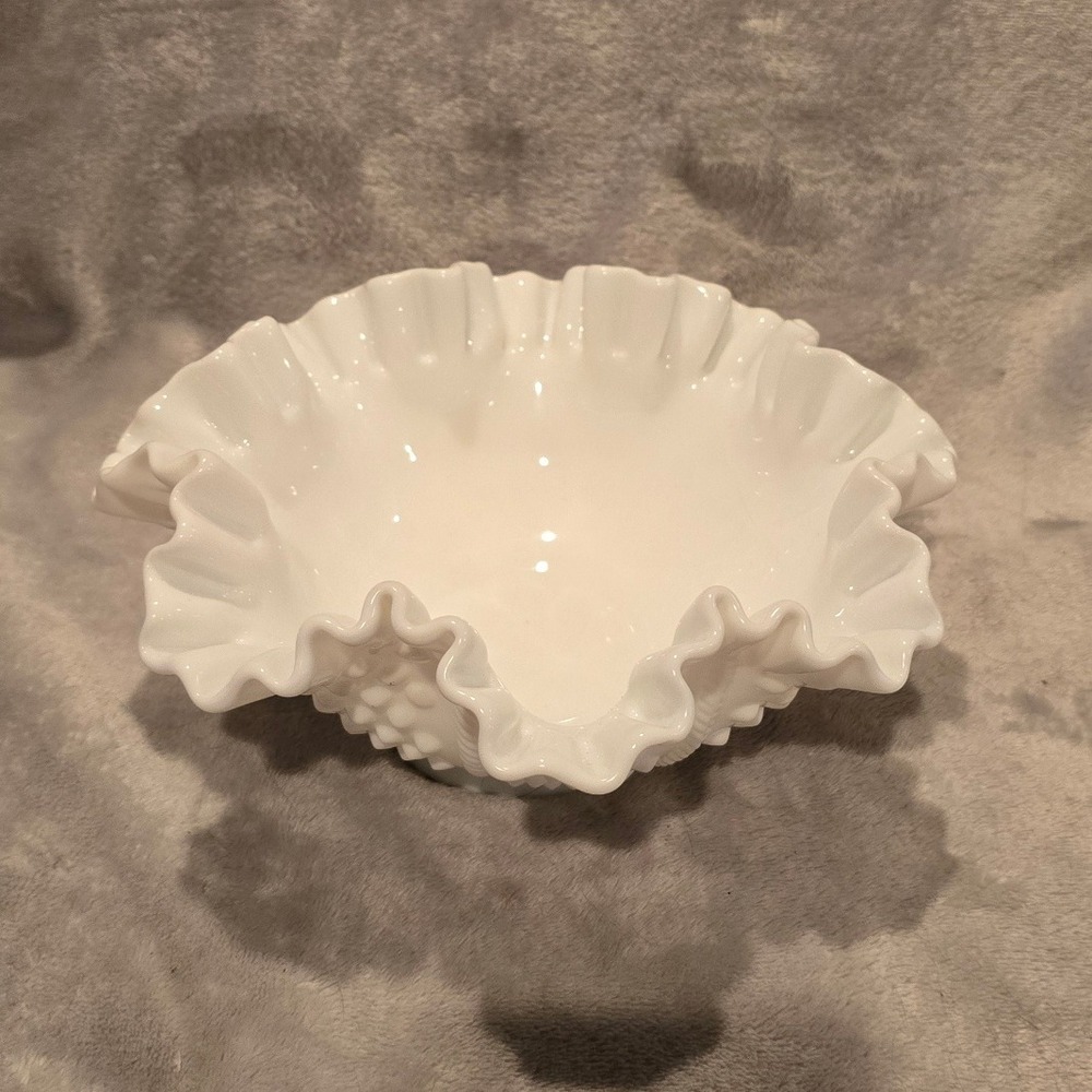 Vintage Fenton‎ Milk Glass Bowl Hobnail Ruffled Edge Candy Dish Compote 8.5"